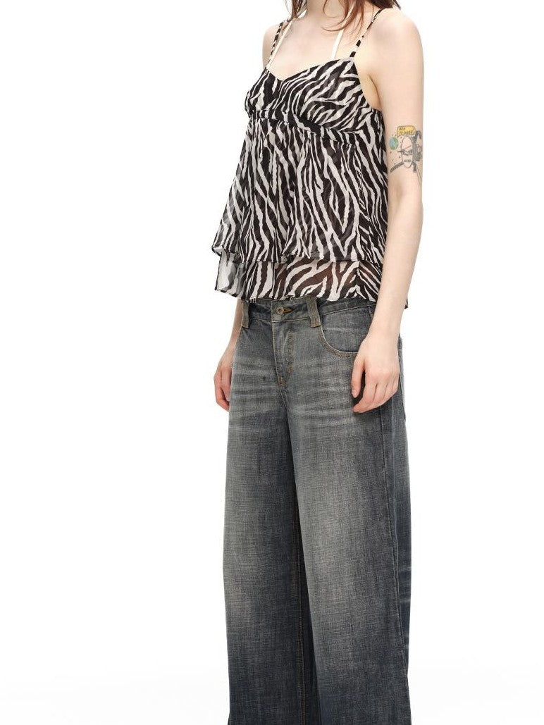 RUN TO THE FUTURE Zebra Print Sheer Chiffon V-neck Open Back Women&