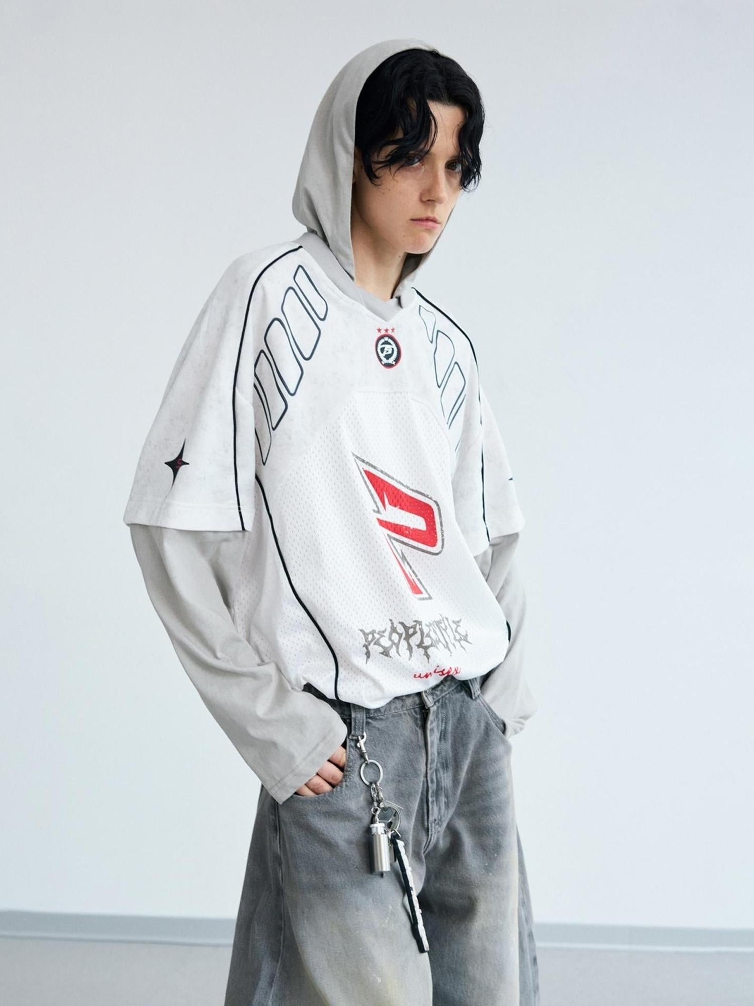 Peoplesense Racing Stitch Quick Dry Fake Two Piece Hooded Sport Tee