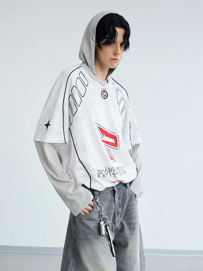 Peoplesense Racing Stitch Quick Dry Fake Two Piece Hooded Sport Tee