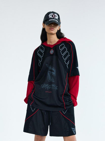 Peoplesense Racing Stitch Quick Dry Fake Two Piece Hooded Sport Tee
