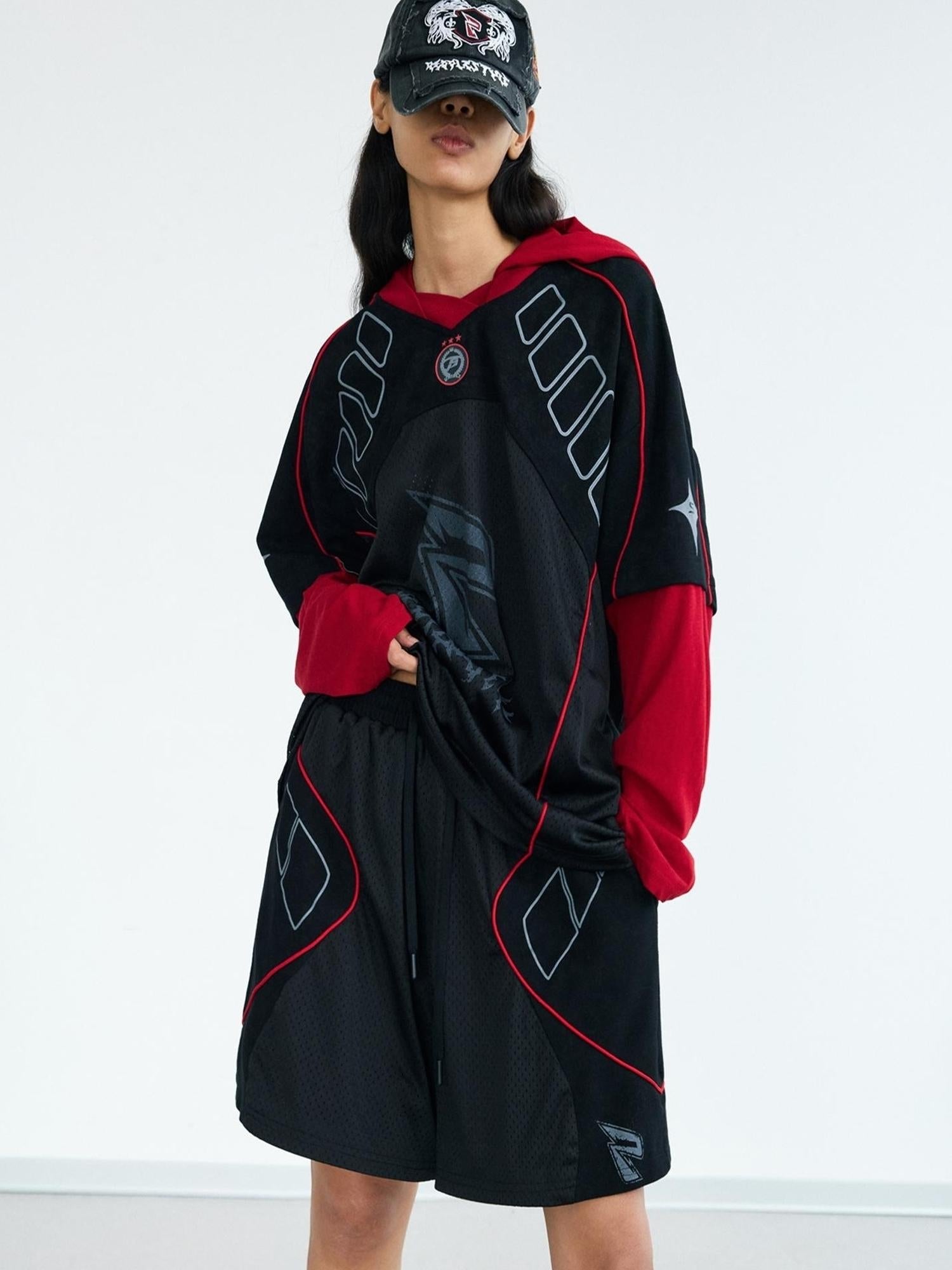 Peoplesense Racing Stitch Quick Dry Fake Two Piece Hooded Sport Tee
