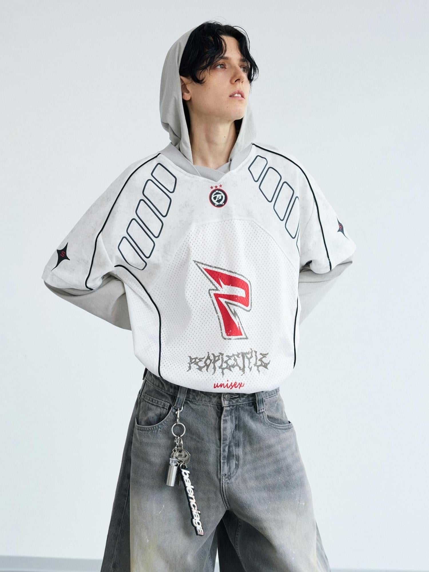 Peoplesense Racing Stitch Quick Dry Fake Two Piece Hooded Sport Tee