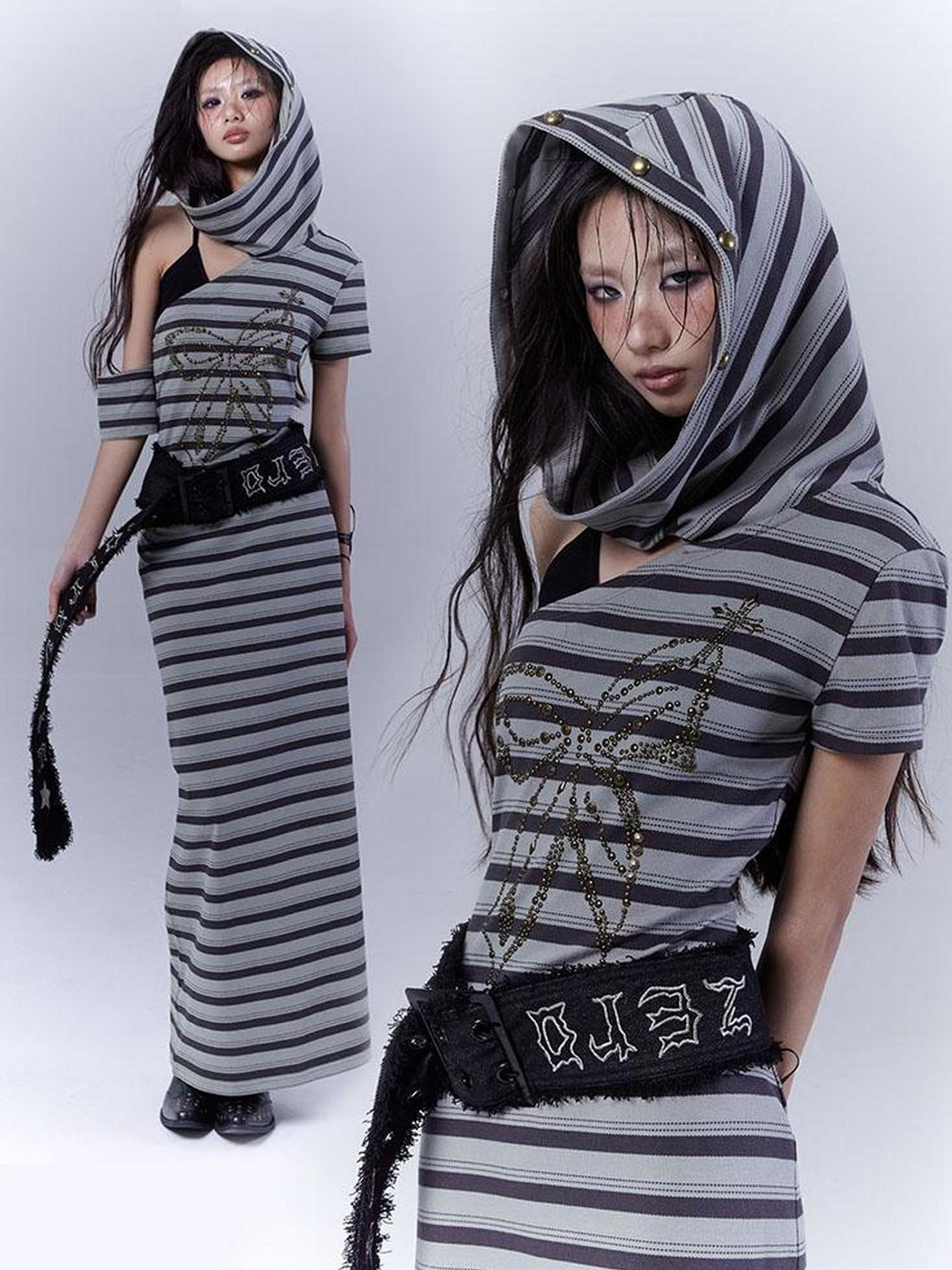 WSW WUSHENWU Rebel Muse Striped Dystopian Punk Maxi Dress