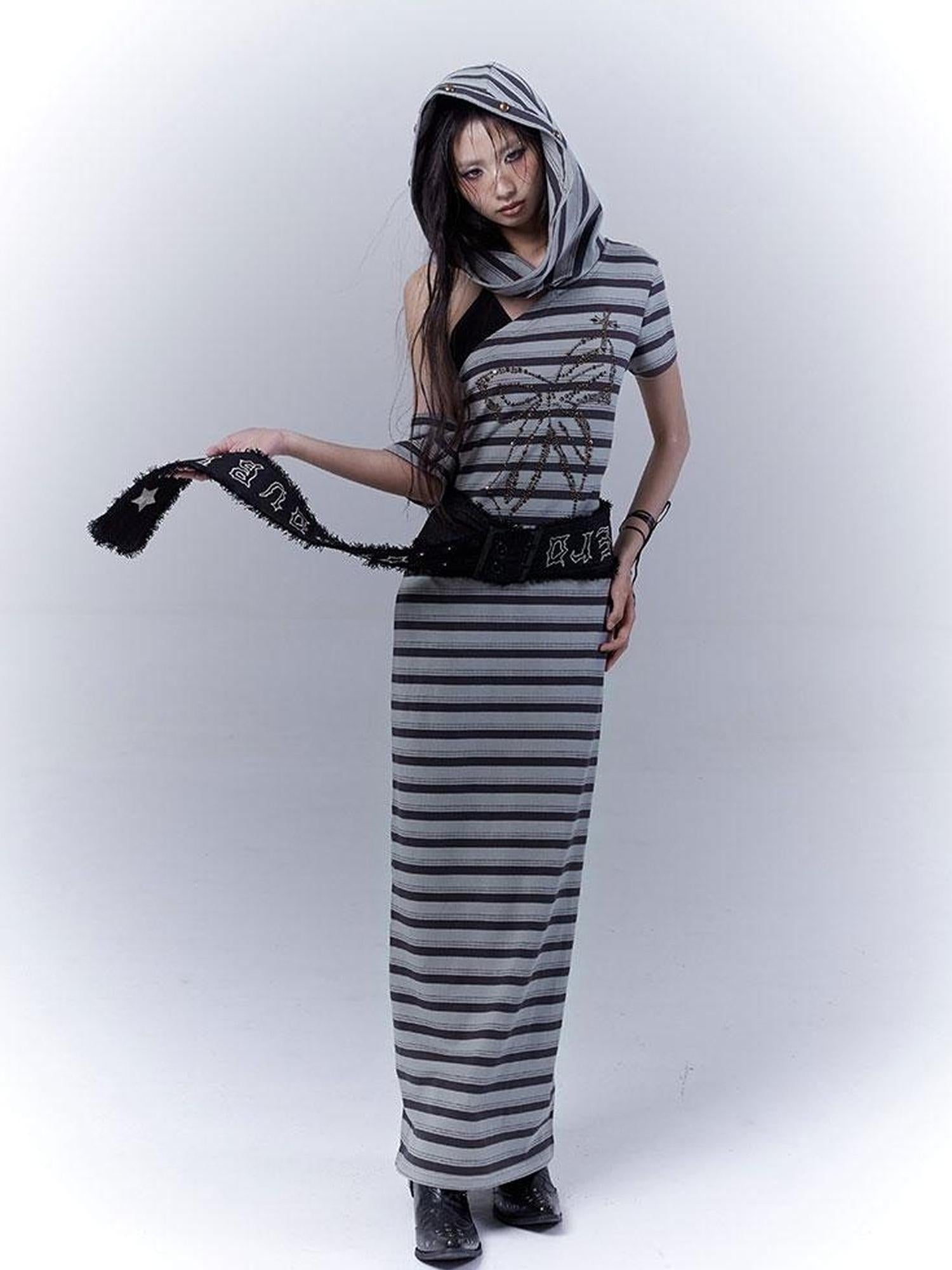 WSW WUSHENWU Rebel Muse Striped Dystopian Punk Maxi Dress