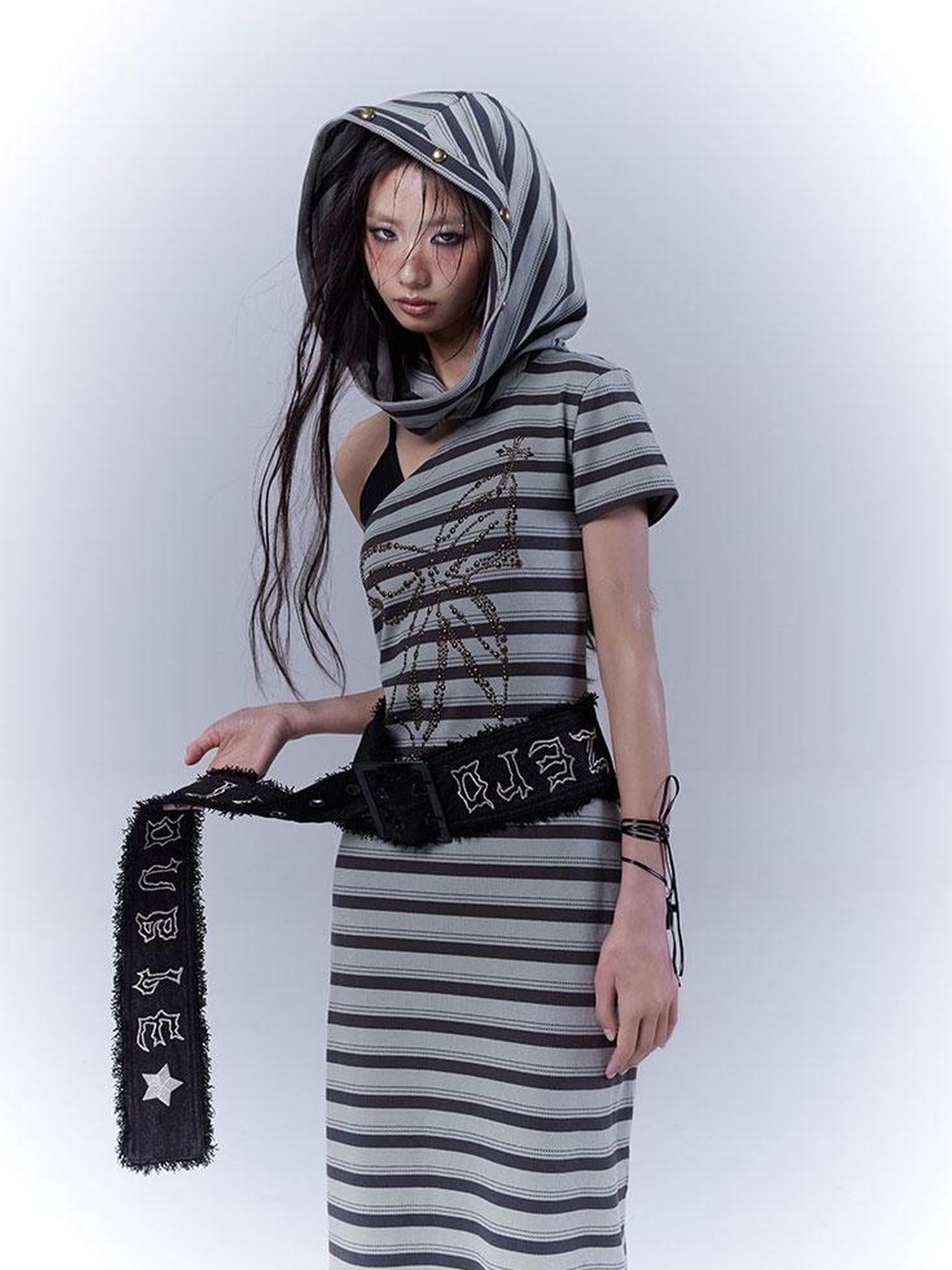 WSW WUSHENWU Rebel Muse Striped Dystopian Punk Maxi Dress