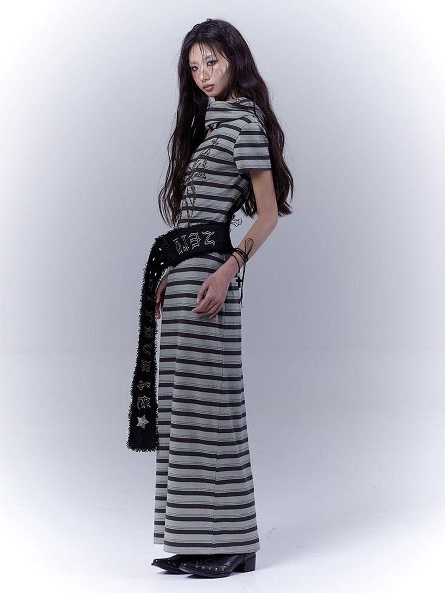 WSW WUSHENWU Rebel Muse Striped Dystopian Punk Maxi Dress