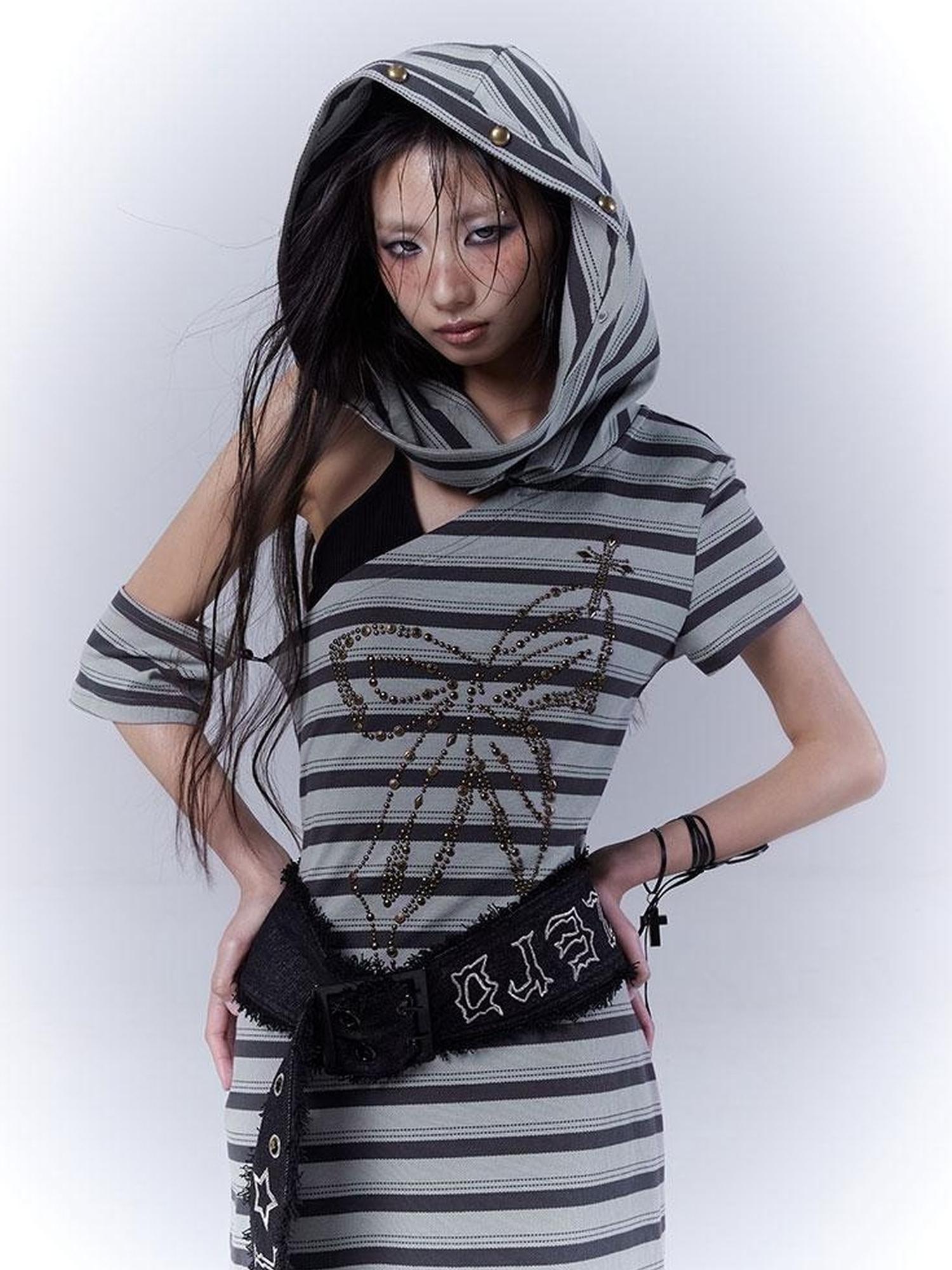 WSW WUSHENWU Rebel Muse Striped Dystopian Punk Maxi Dress