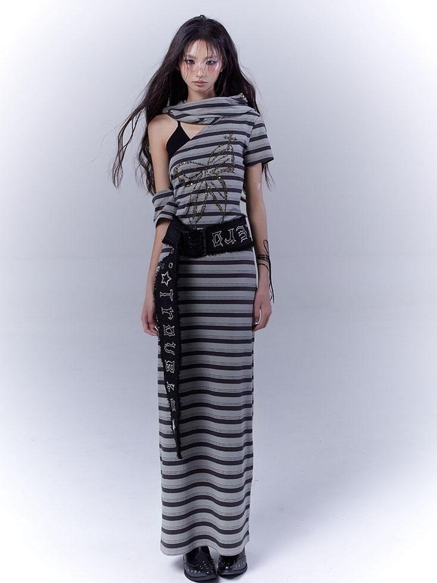 WSW WUSHENWU Rebel Muse Striped Dystopian Punk Maxi Dress