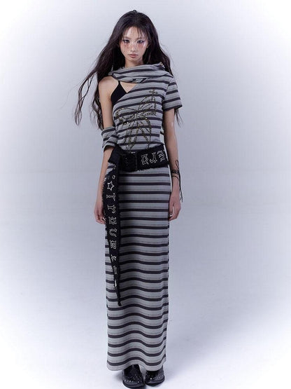 WSW WUSHENWU Rebel Muse Striped Dystopian Punk Maxi Dress