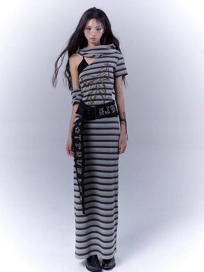 Rebel Muse Striped Dystopian Punk Maxi Dress