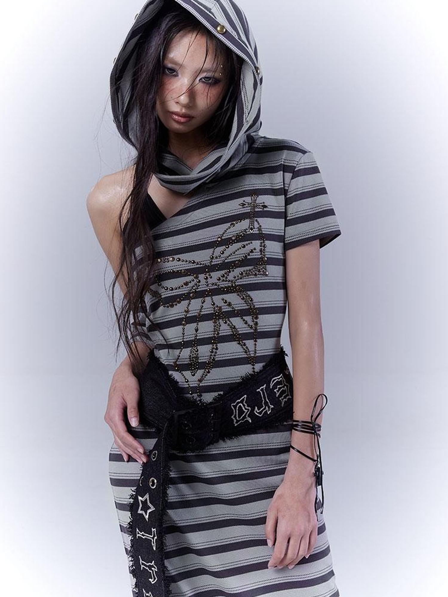 WSW WUSHENWU Rebel Muse Striped Dystopian Punk Maxi Dress