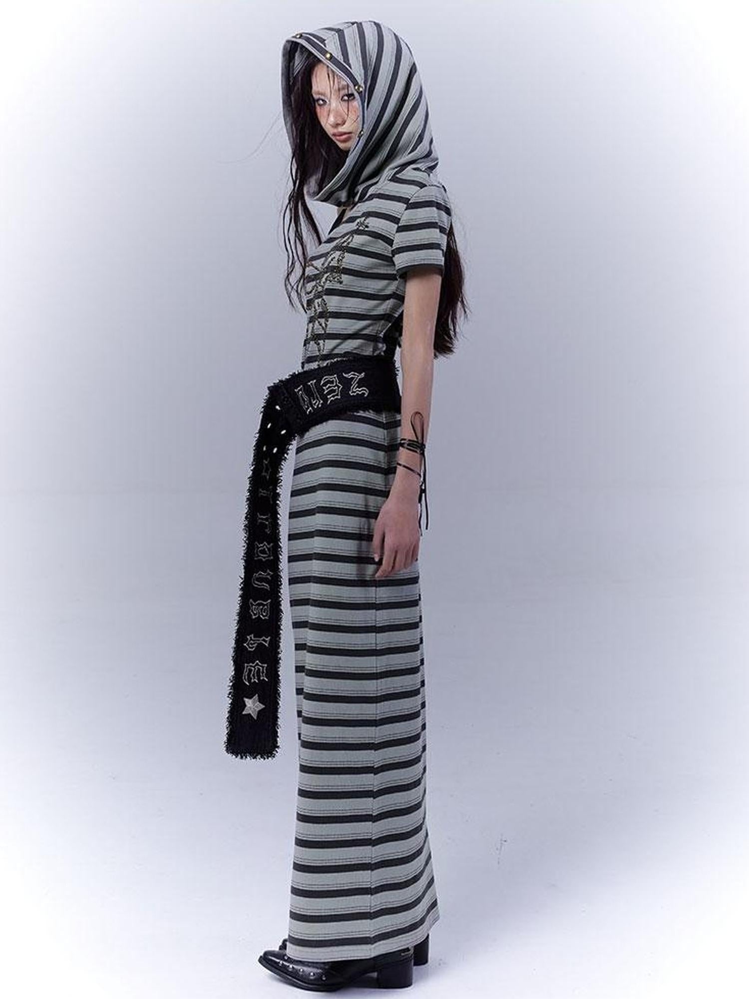 WSW WUSHENWU Rebel Muse Striped Dystopian Punk Maxi Dress
