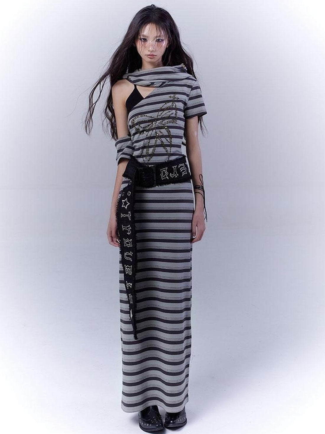WSW WUSHENWU Rebel Muse Striped Dystopian Punk Maxi Dress