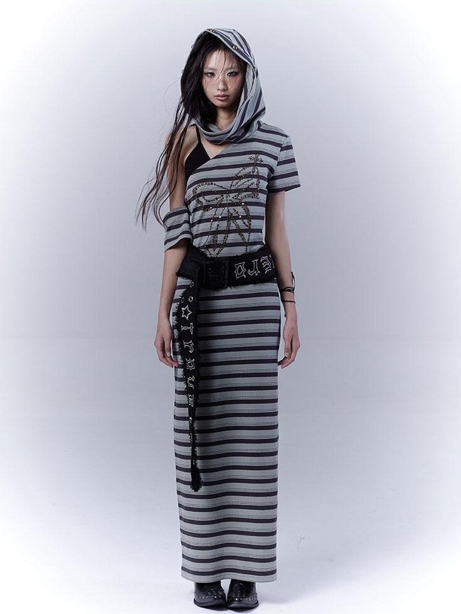 WSW WUSHENWU Rebel Muse Striped Dystopian Punk Maxi Dress