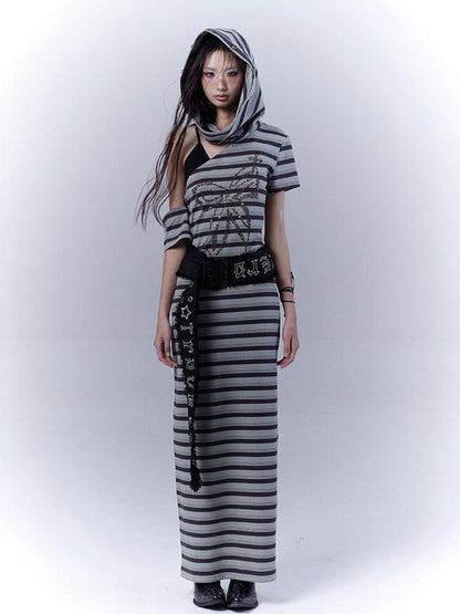WSW WUSHENWU Rebel Muse Striped Dystopian Punk Maxi Dress