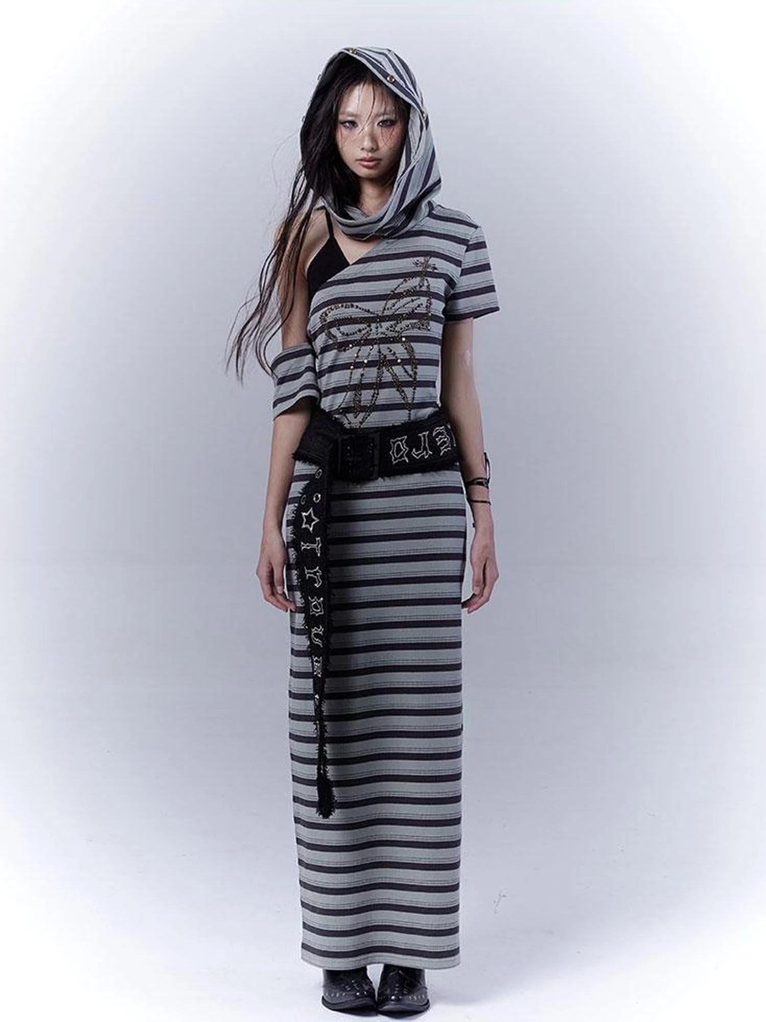 Rebel Muse Striped Dystopian Punk Maxi Dress