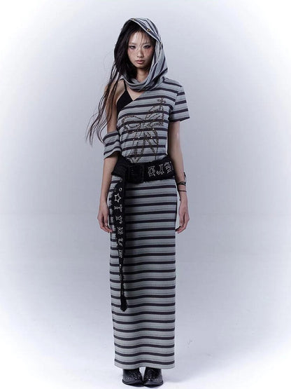 Rebel Muse Striped Dystopian Punk Maxi Dress