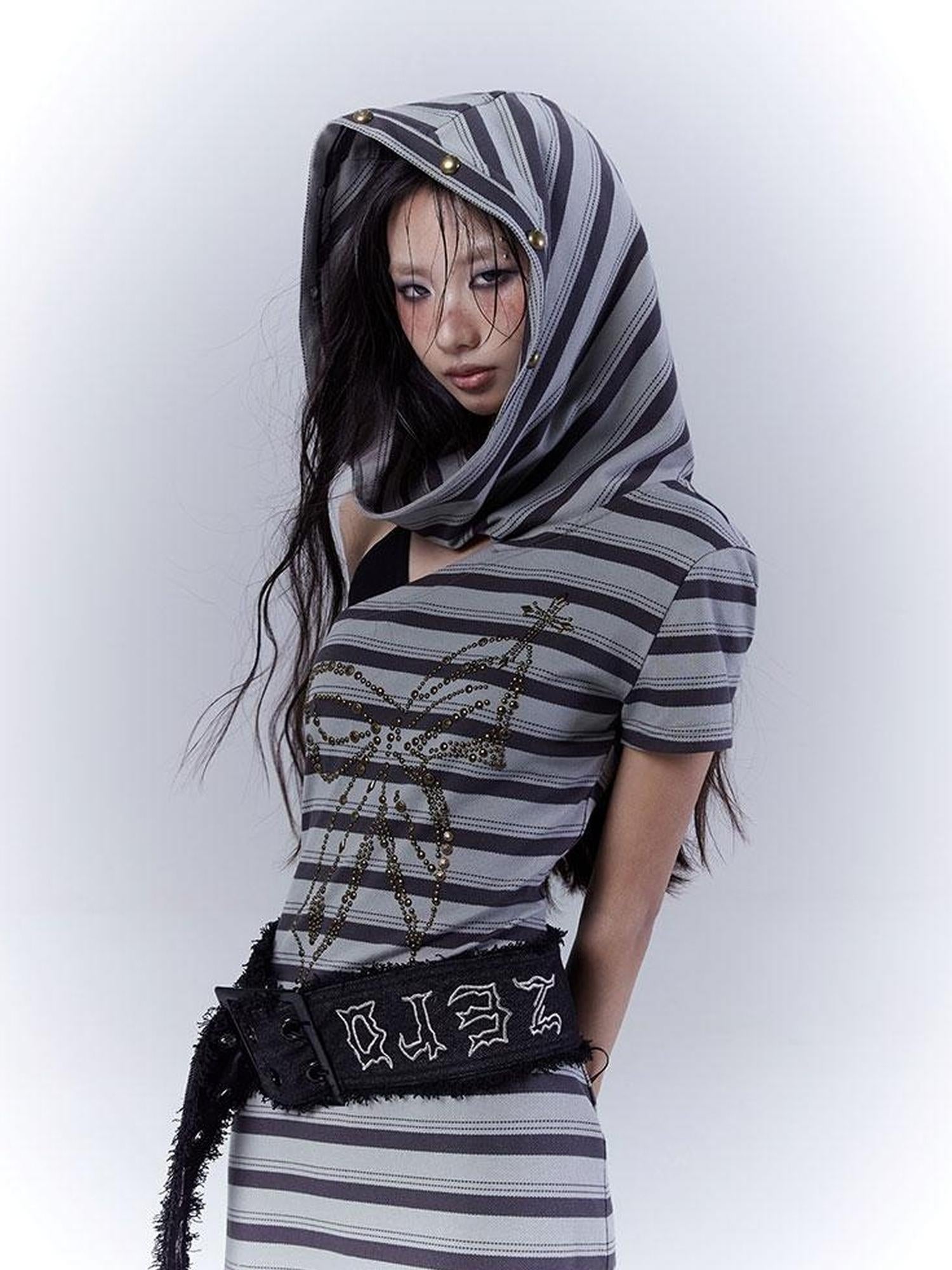 WSW WUSHENWU Rebel Muse Striped Dystopian Punk Maxi Dress