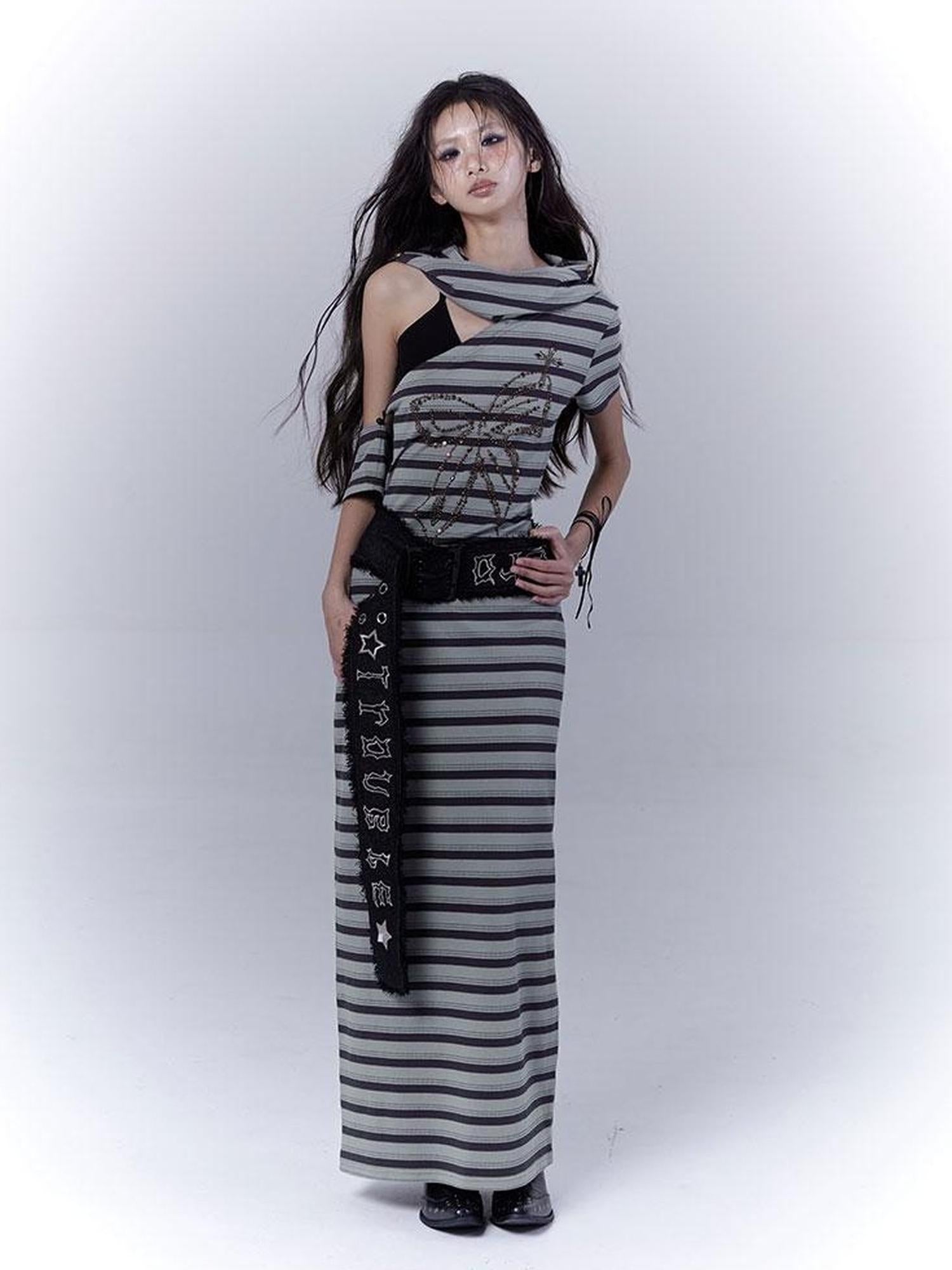 WSW WUSHENWU Rebel Muse Striped Dystopian Punk Maxi Dress