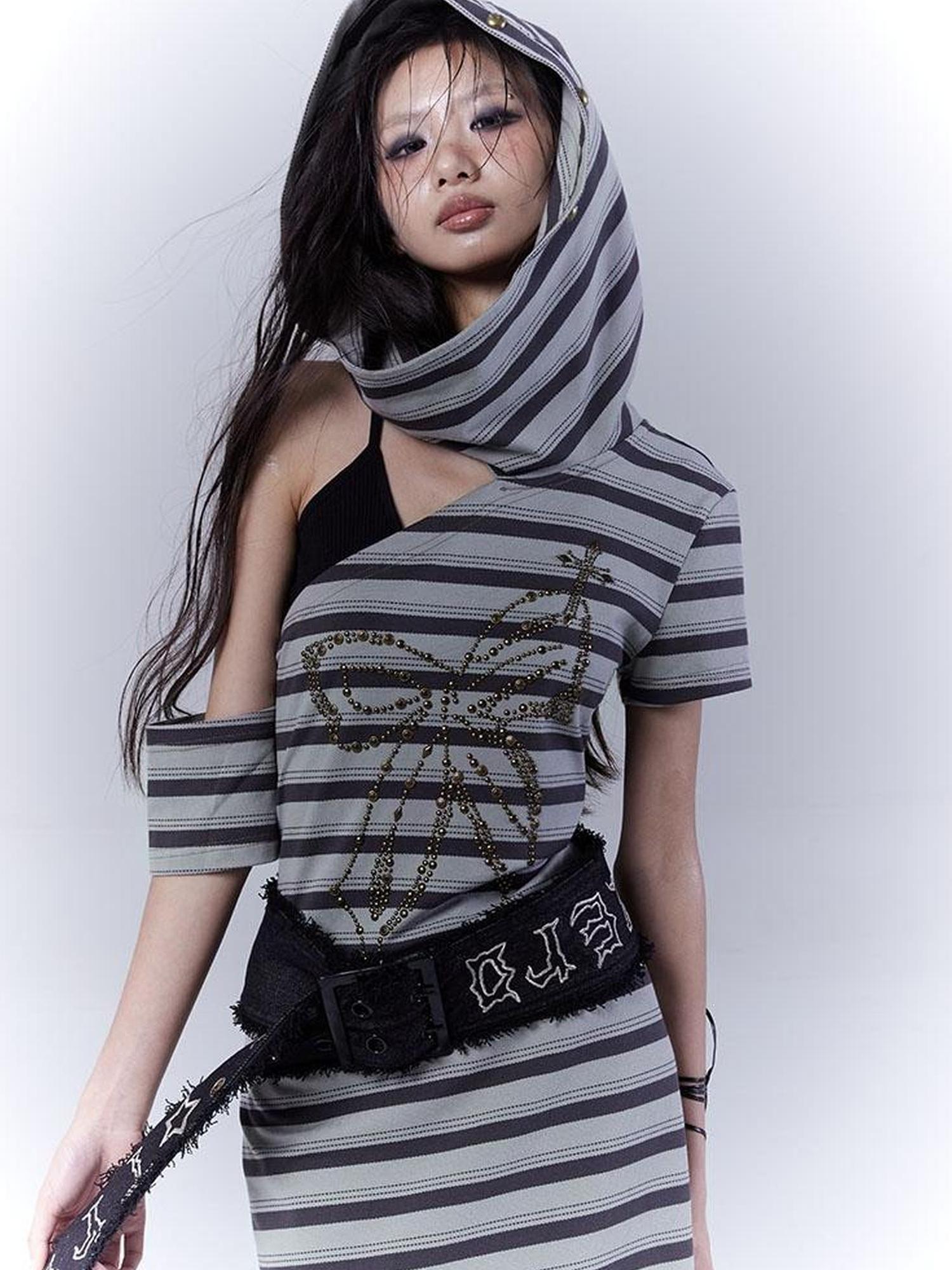 WSW WUSHENWU Rebel Muse Striped Dystopian Punk Maxi Dress