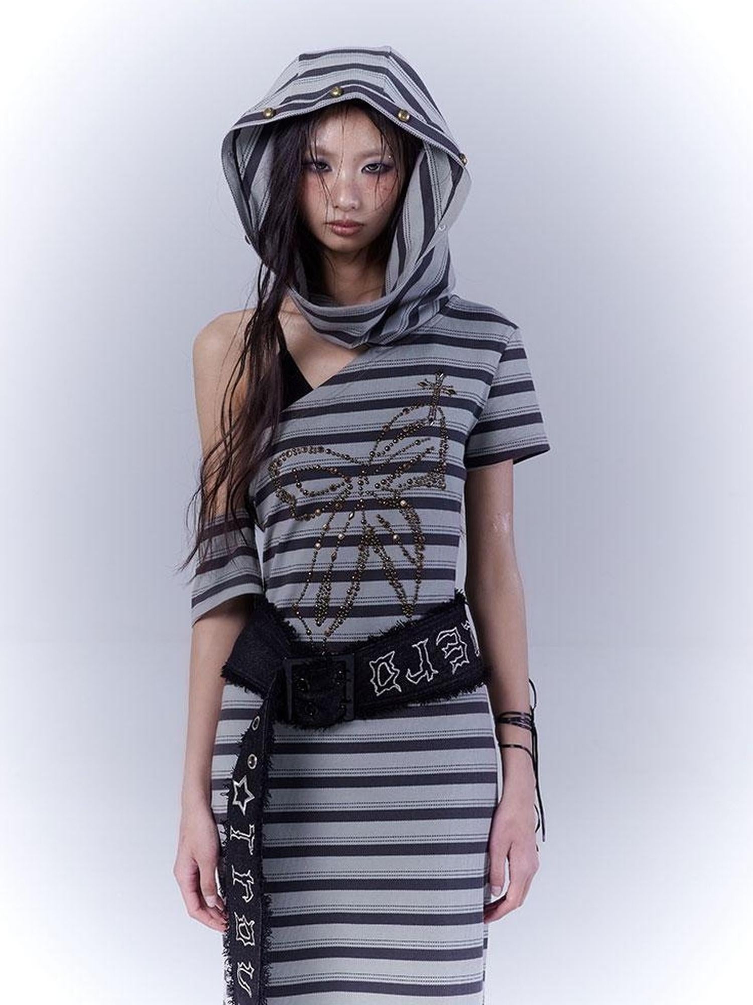 WSW WUSHENWU Rebel Muse Striped Dystopian Punk Maxi Dress