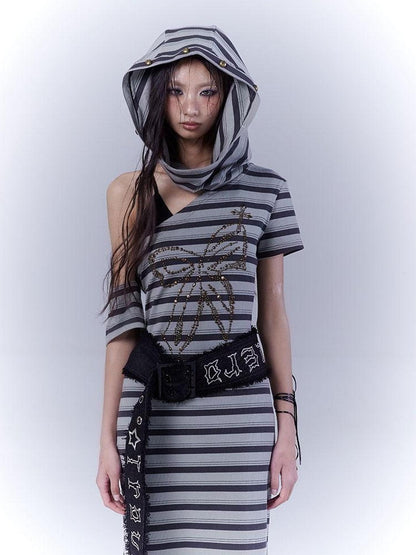WSW WUSHENWU Rebel Muse Striped Dystopian Punk Maxi Dress