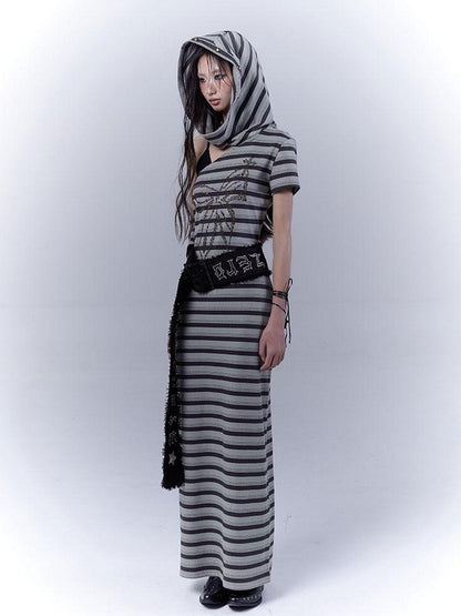 WSW WUSHENWU Rebel Muse Striped Dystopian Punk Maxi Dress