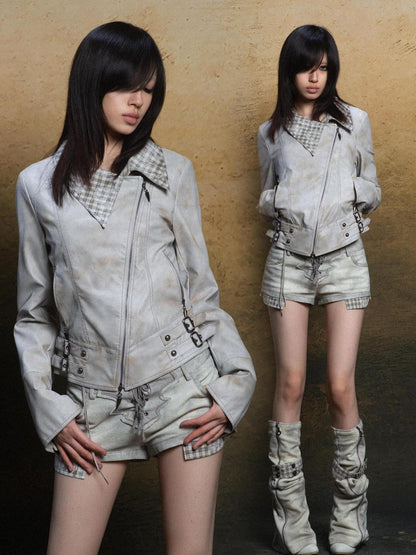 ARIADNAw Rebel Punk Asymmetrical Pu Jacket Vintage Spring Edge