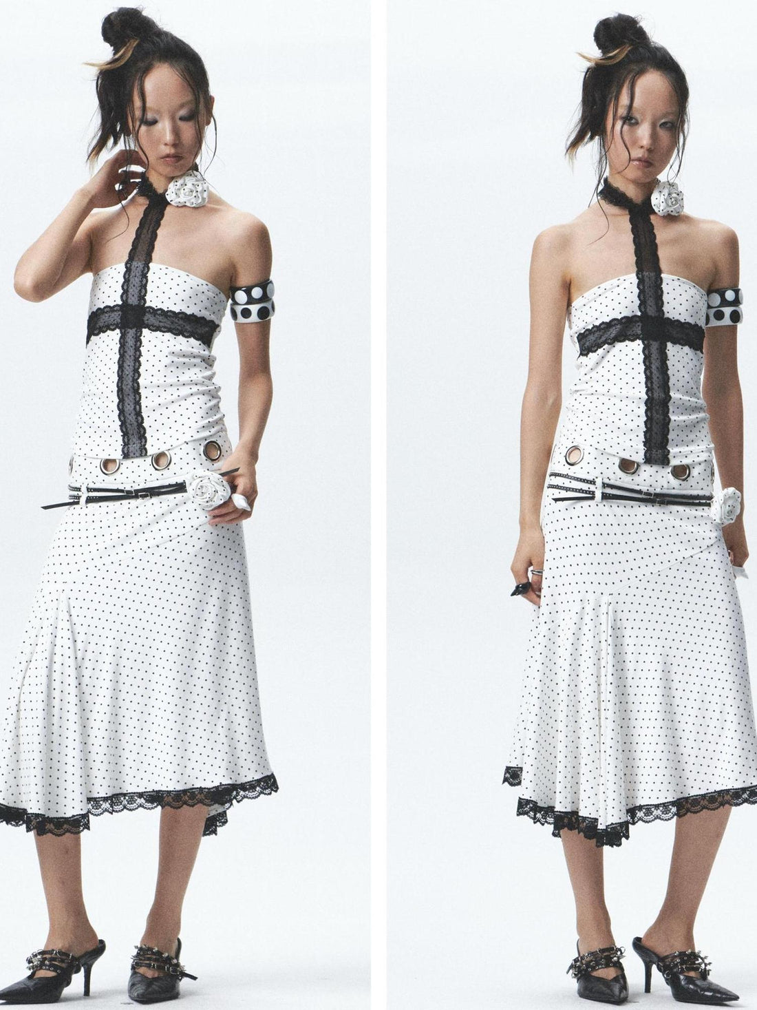 NONAME SPACE Rebellious Polka Dot Elastic Top Skirt Set With Detachable Flowers