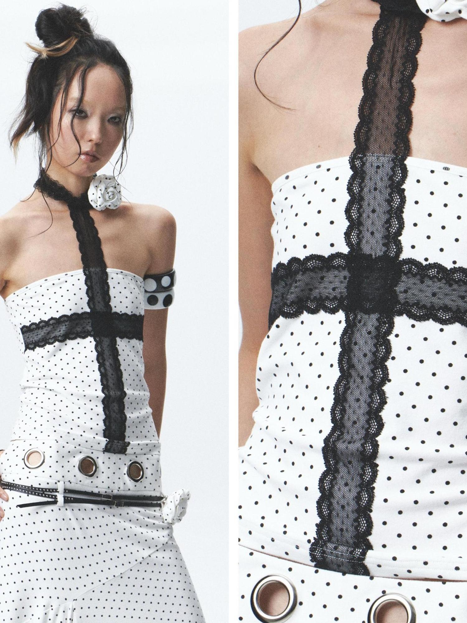 NONAME SPACE Rebellious Polka Dot Elastic Top Skirt Set With Detachable Flowers