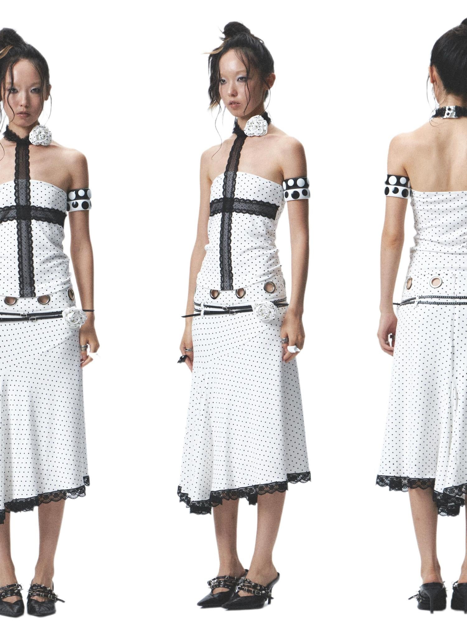 NONAME SPACE Rebellious Polka Dot Elastic Top Skirt Set With Detachable Flowers