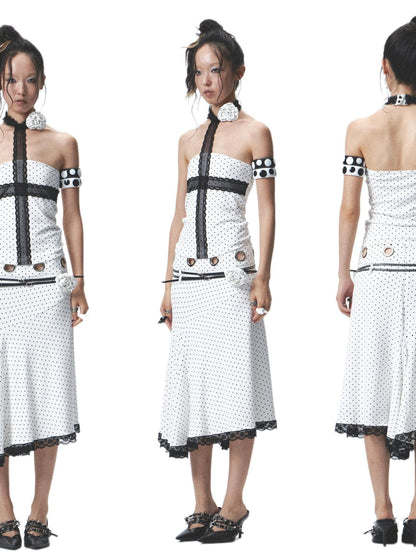 NONAME SPACE Rebellious Polka Dot Elastic Top Skirt Set With Detachable Flowers