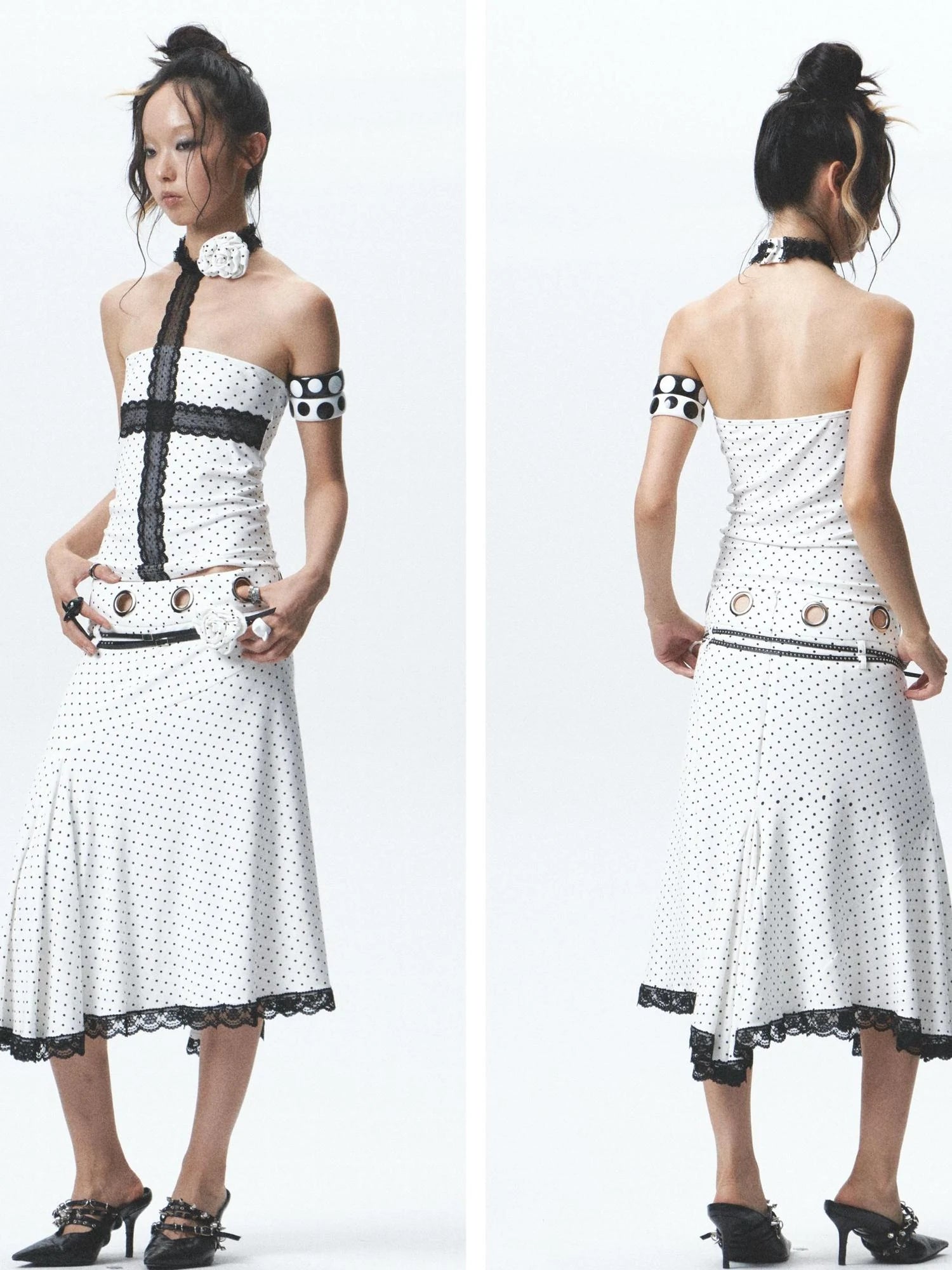 Rebellious Polka Dot Elastic Top Skirt Set With Detachable Flowers