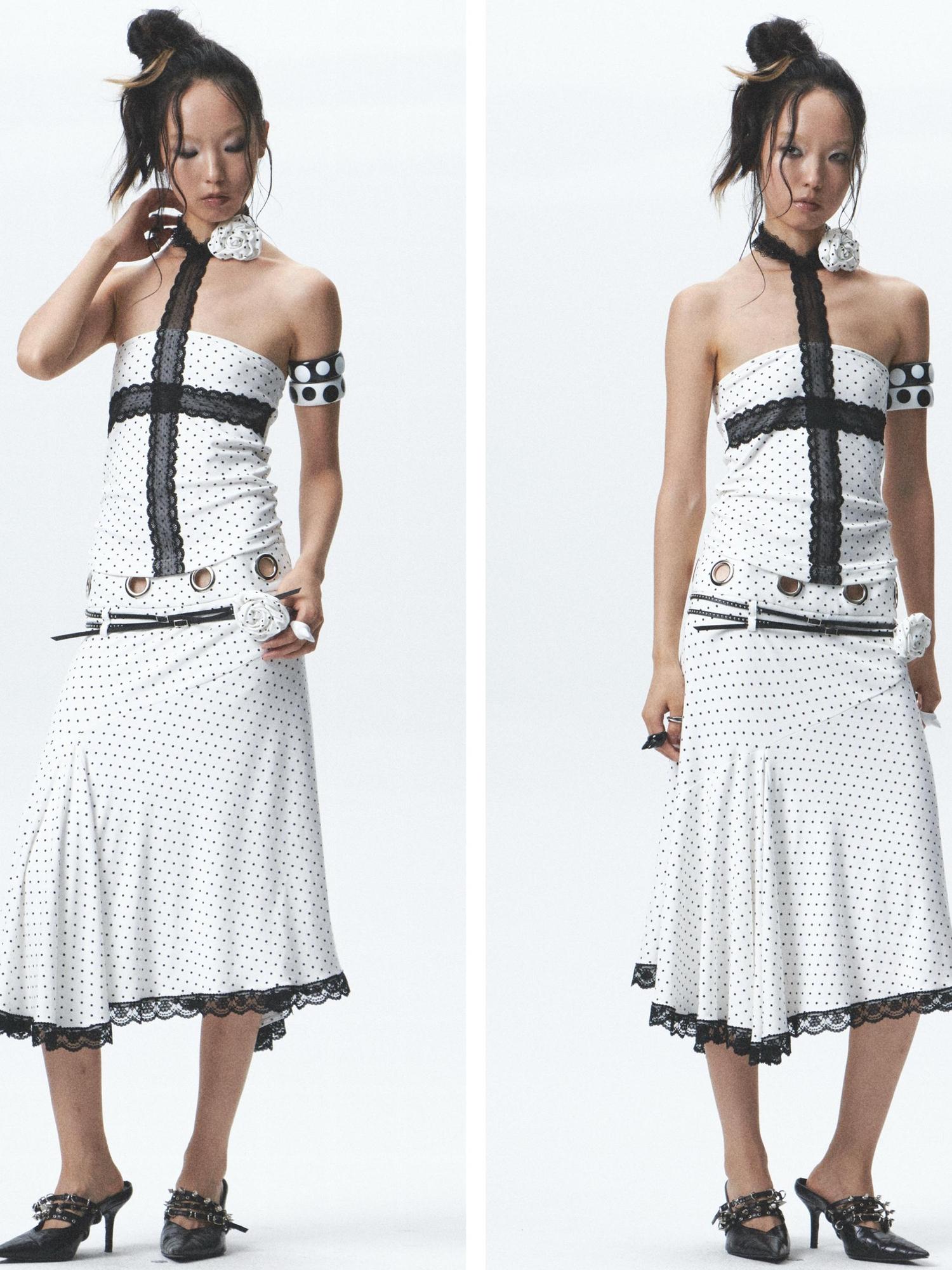NONAME SPACE Rebellious Polka Dot Elastic Top Skirt Set With Detachable Flowers