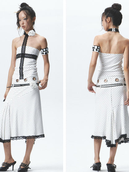 NONAME SPACE Rebellious Polka Dot Elastic Top Skirt Set With Detachable Flowers