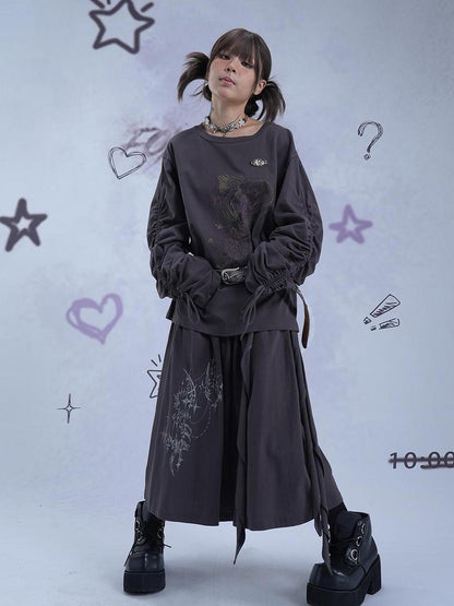 MOMSYCAN FOX LINE Reborn Self Y2K Loose Knit Sweater Dark Gray Artistic Print Drawstring Sleeves