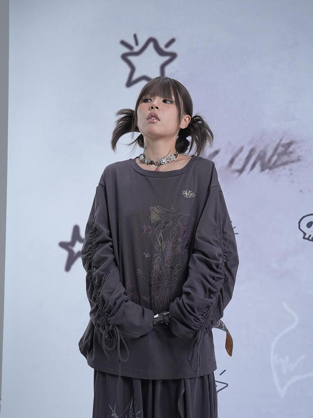 MOMSYCAN FOX LINE Reborn Self Y2K Loose Knit Sweater Dark Gray Artistic Print Drawstring Sleeves