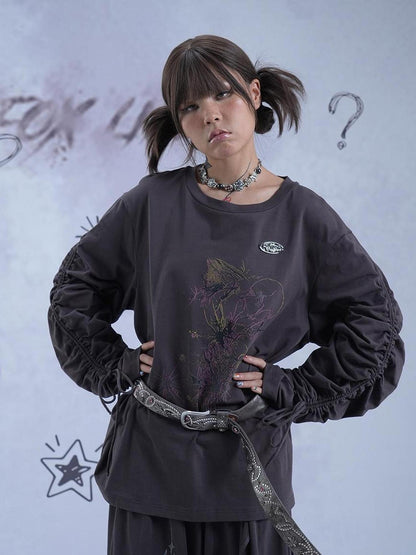 MOMSYCAN FOX LINE Reborn Self Y2K Loose Knit Sweater Dark Gray Artistic Print Drawstring Sleeves