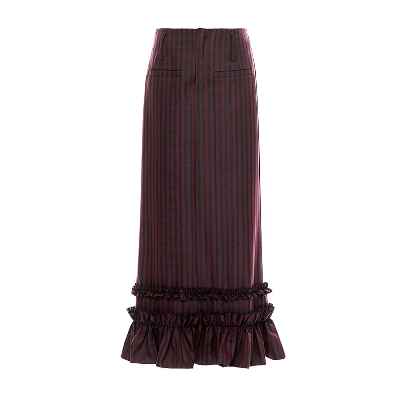 YOSHUYUKI Red Black Striped Straight Lace Maxi Skirt