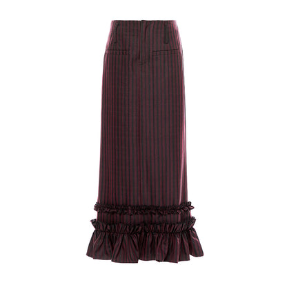 YOSHUYUKI Red Black Striped Straight Lace Maxi Skirt