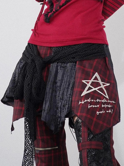 Red Black Asymmetrical Plaid Layered Mini Skirt