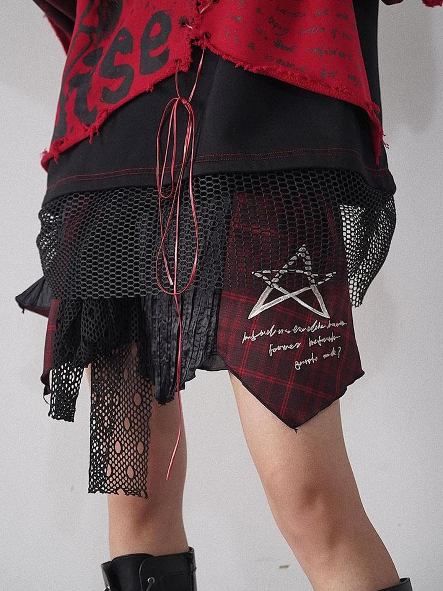 Red Black Asymmetrical Plaid Layered Mini Skirt