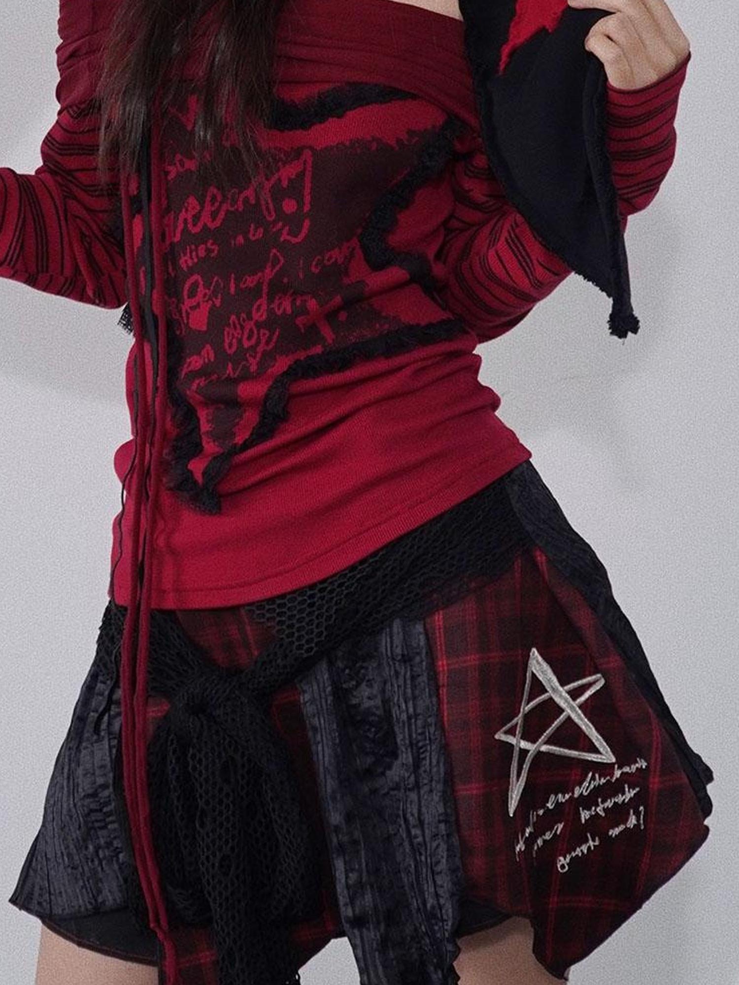 WSW WUSHENWU Red Black Asymmetrical Plaid Layered Mini Skirt