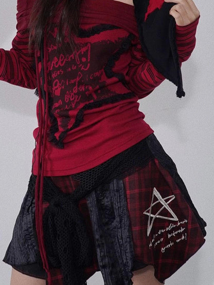 Red Black Asymmetrical Plaid Layered Mini Skirt