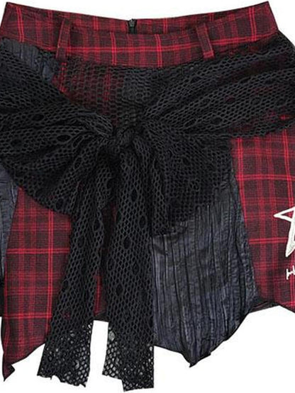 WSW WUSHENWU Red Black Asymmetrical Plaid Layered Mini Skirt