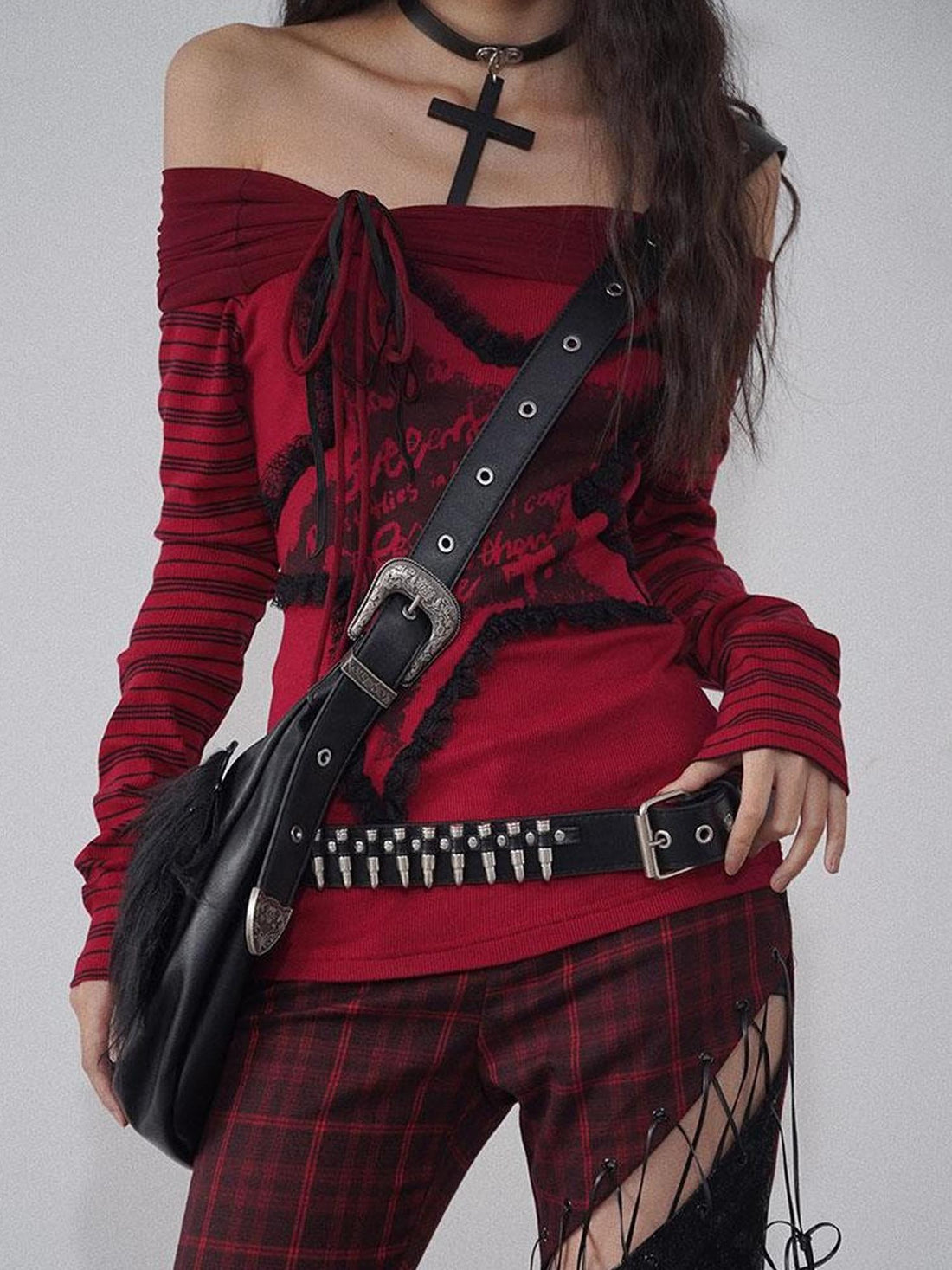 WSW WUSHENWU Red Black Plaid Torn Knit Top