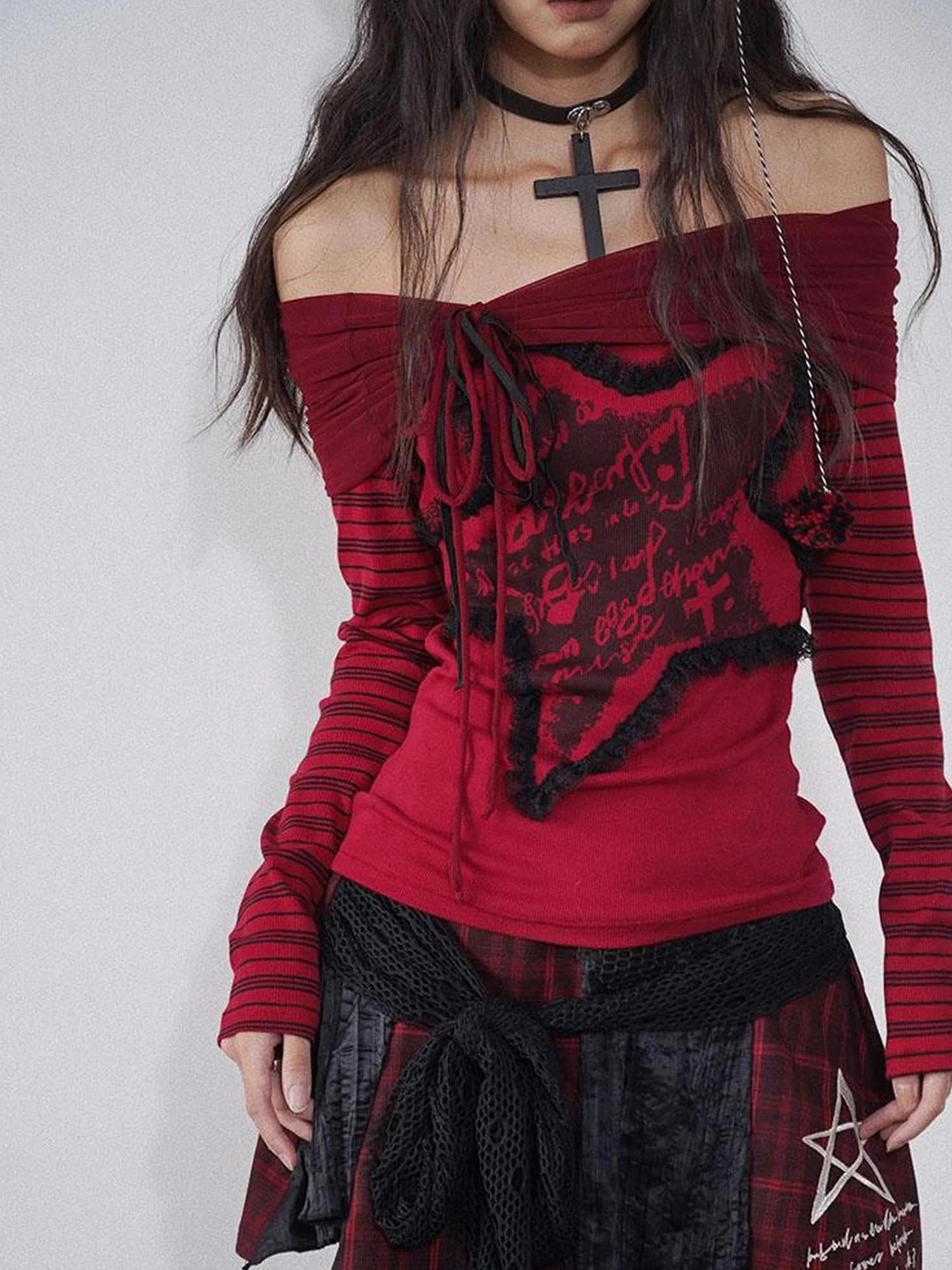 Red Black Plaid Torn Knit Top