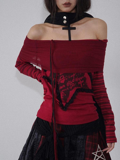 WSW WUSHENWU Red Black Plaid Torn Knit Top