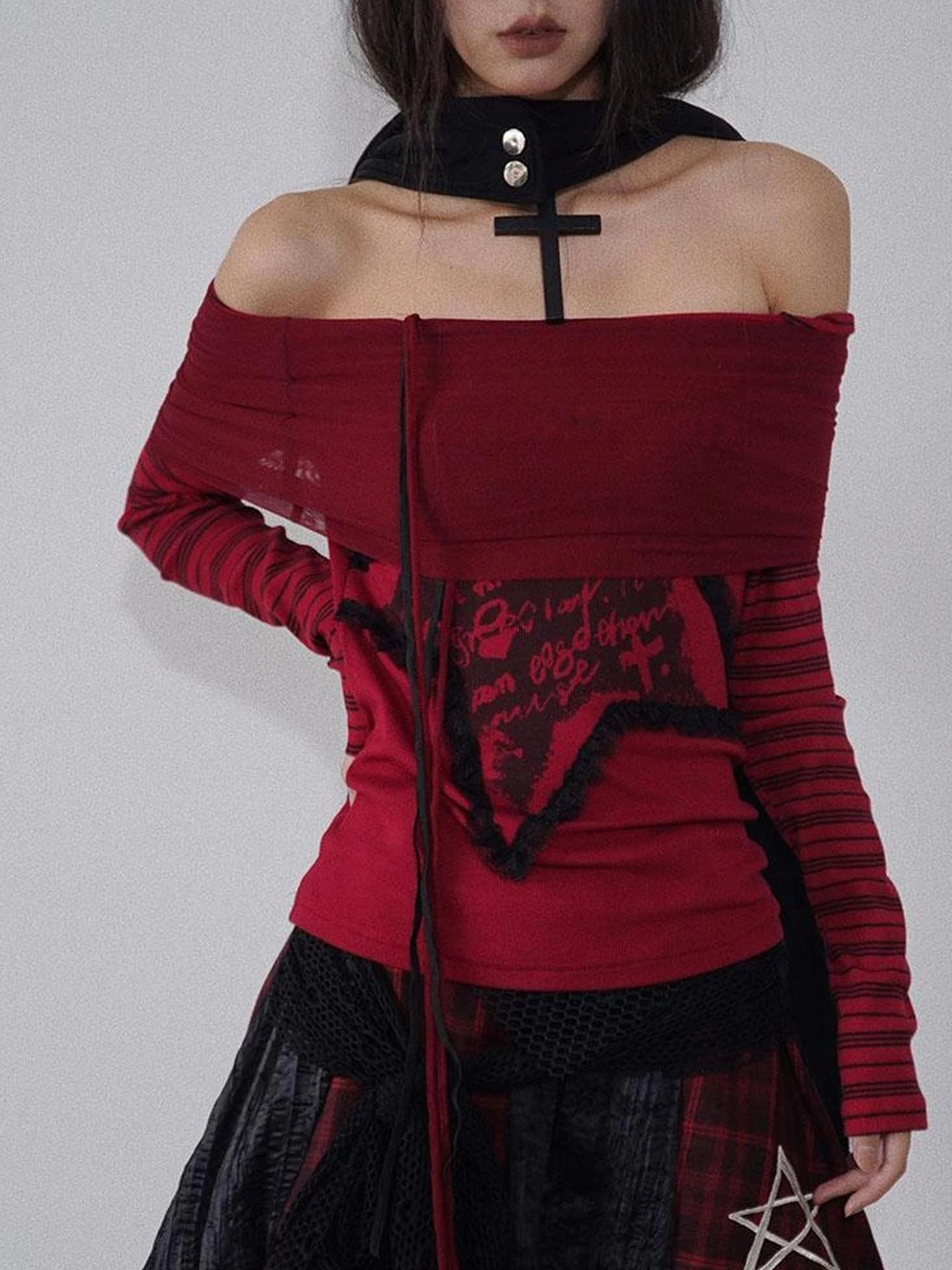 Red Black Plaid Torn Knit Top