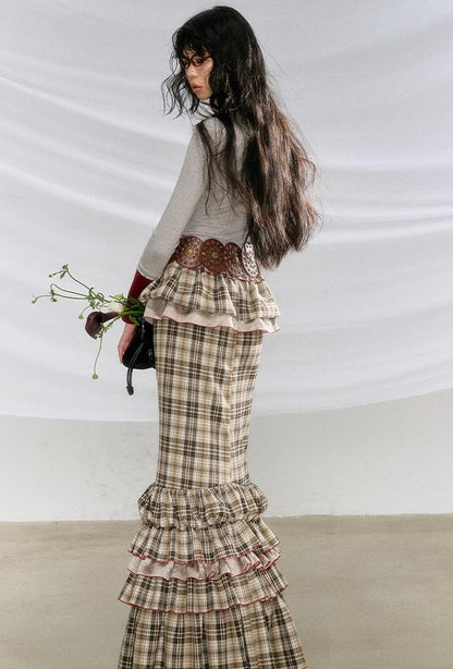 OfAkiva Red Blue Plaid Reversible Mermaid Tiered Skirt Christmas